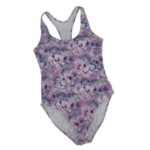 Nicole Miller Floral One Piece Swimsuit Lavender Hibiscus Racerback Padded M